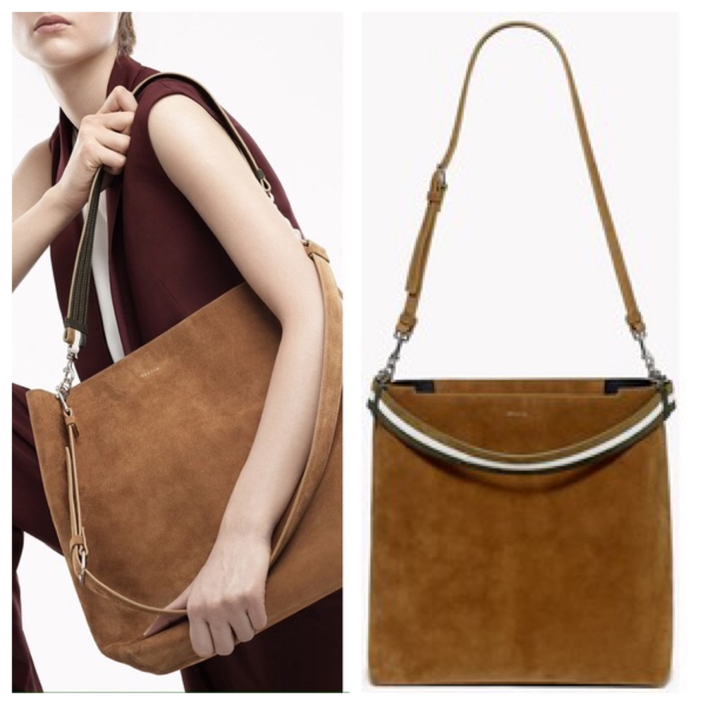 🆕 THEORY Urban Bucket Tote Bag Camel Suede NWOT